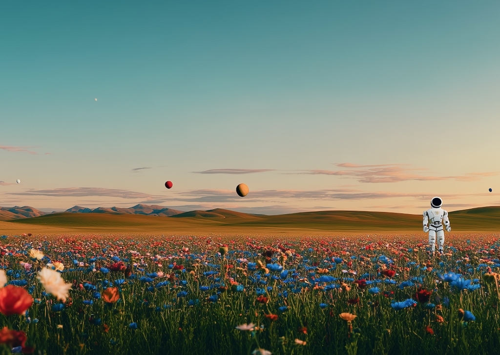 Painterly sky background with fields and astronaut
